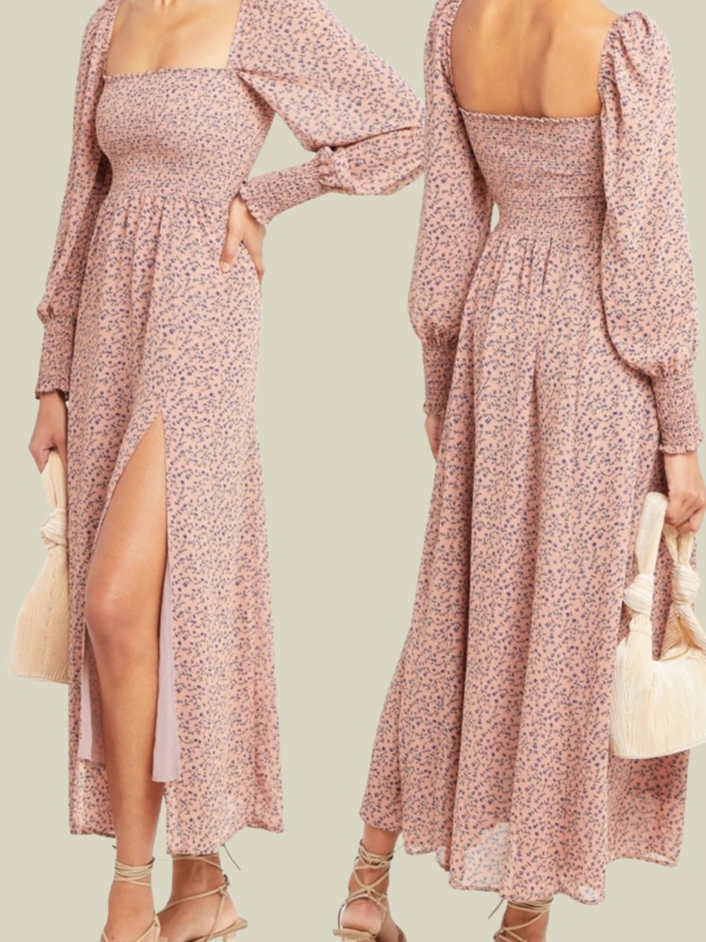 Smocked Square-Neck Maxi Dress in Dusty Pink Floral by